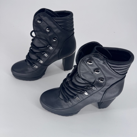 DKNY Black Lace Up High Heel Boots Womens Sz 8.5 chunky moto whimsigoth leather - Picture 4 of 10
